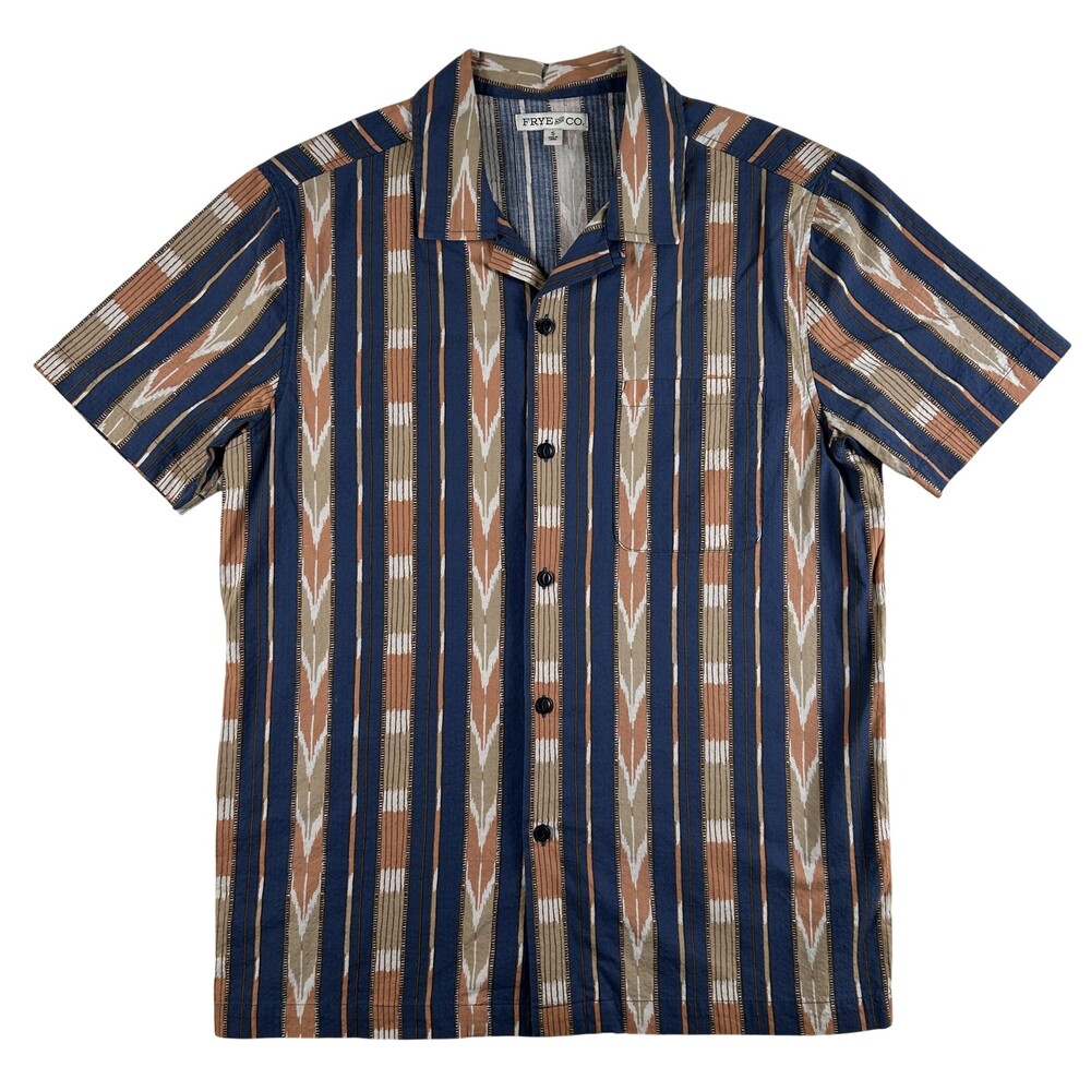 Frye And Co Shirt Mens Small Blue Brown Stripe Short Sleeve Button Up Casual